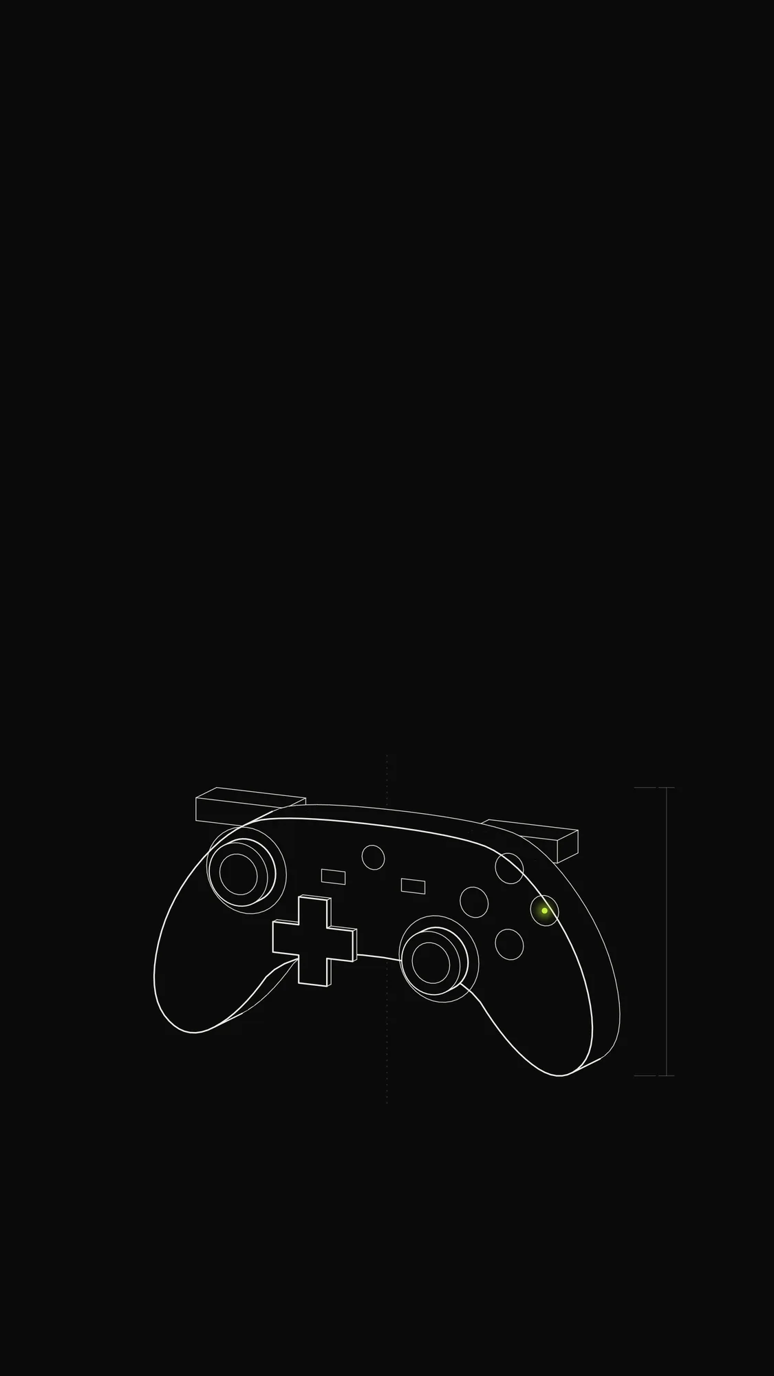 Game Controller Outline: A generic gamepad with twin thumbsticks, d-pad and face buttons, one of them lime.