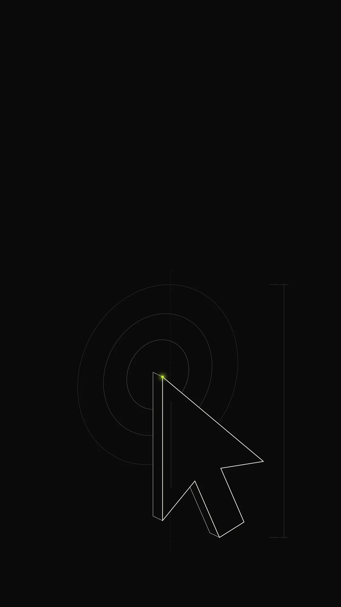 Mouse Cursor Outline: An extruded mouse cursor arrow in 3/4 view with click-ripple guides and a lime glowing tip.