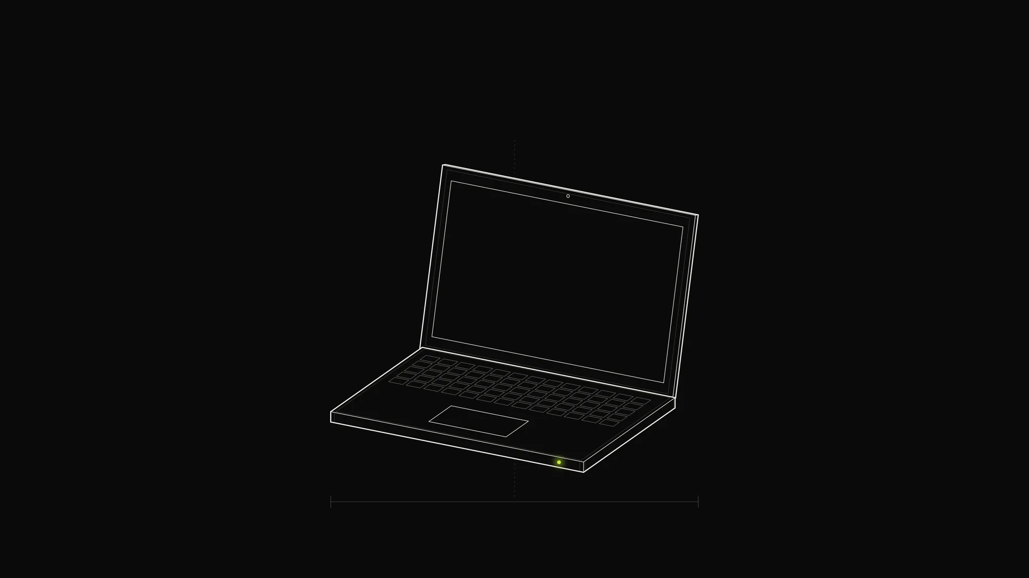 Open Laptop Outline: An open laptop in three-quarter view with keyboard grid, trackpad and a lime power LED on the front edge.