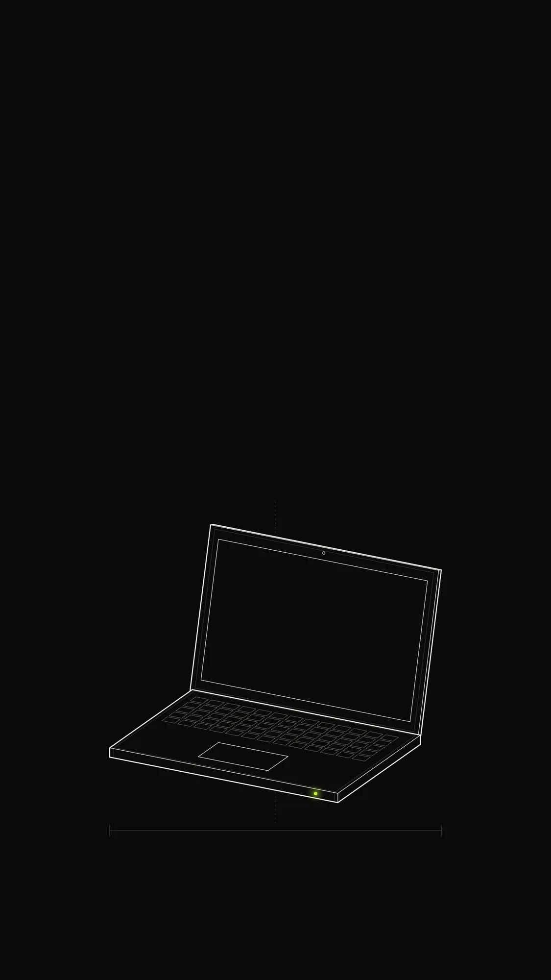 Open Laptop Outline: An open laptop in three-quarter view with keyboard grid, trackpad and a lime power LED on the front edge.