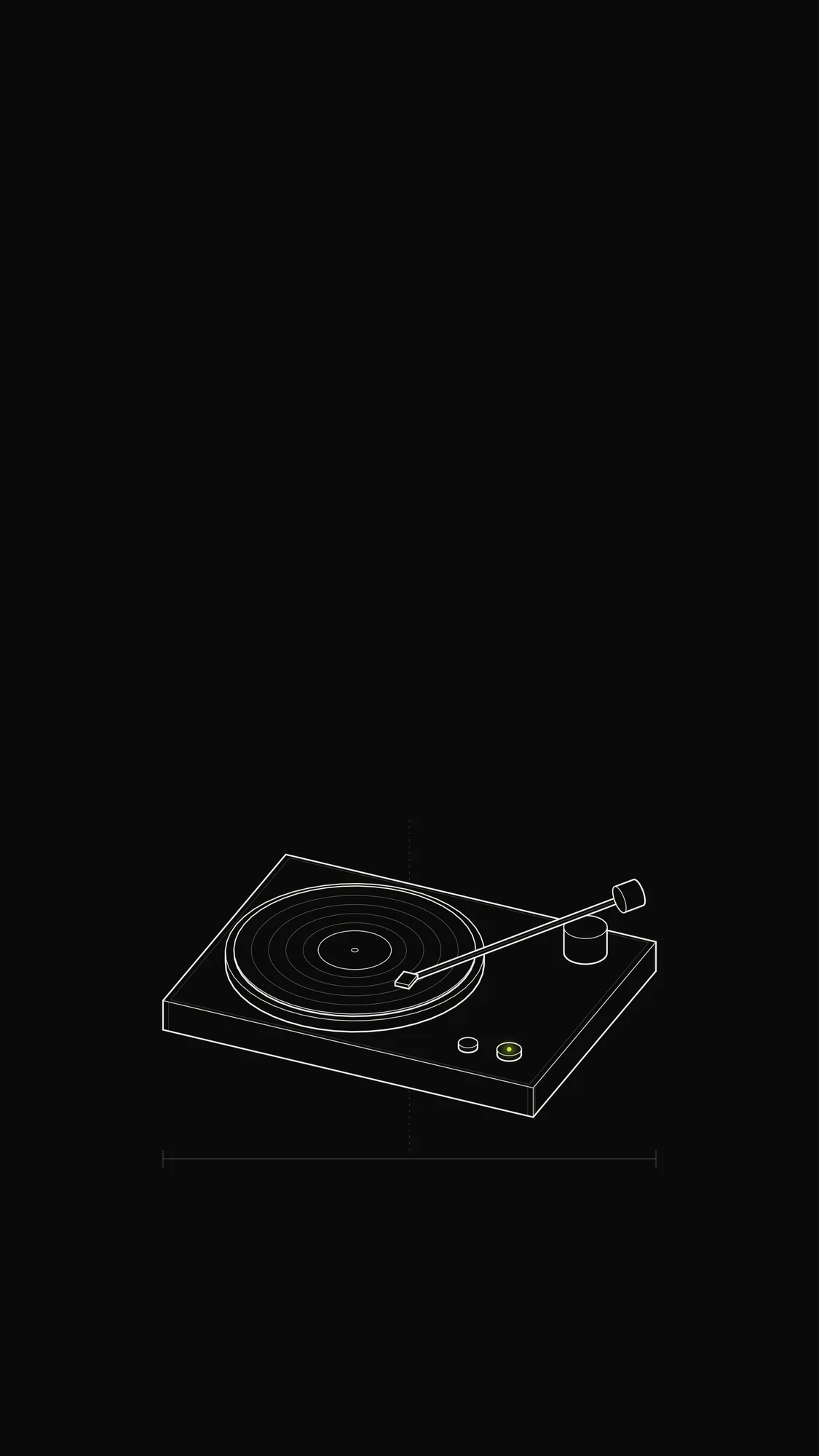 Vinyl Turntable Outline: A vinyl turntable with grooved record, tonearm and counterweight, and a lime start button.