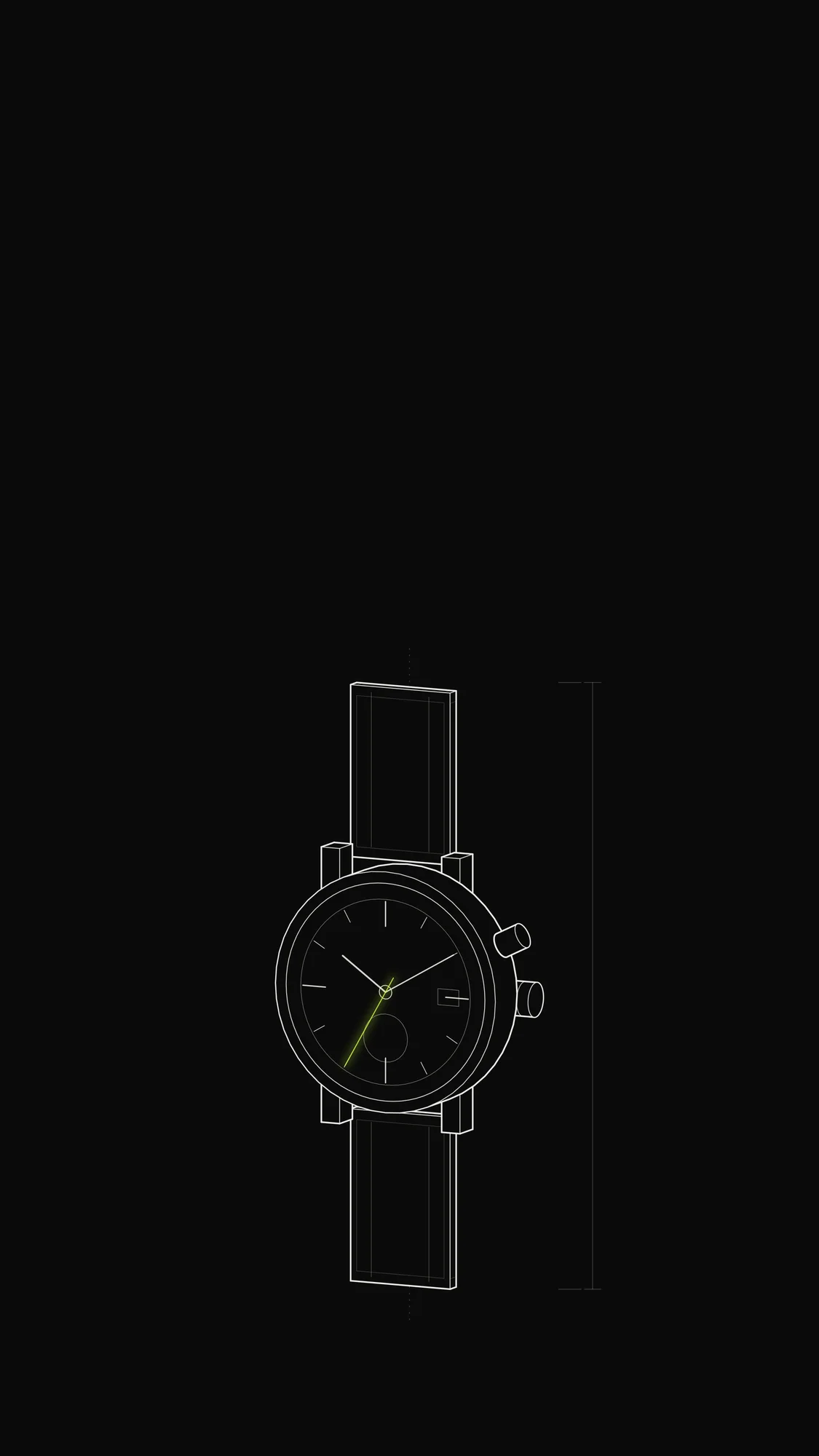 Mechanical Watch Outline: A mechanical wristwatch with crown, hour indices and hands, its second hand picked out in lime.